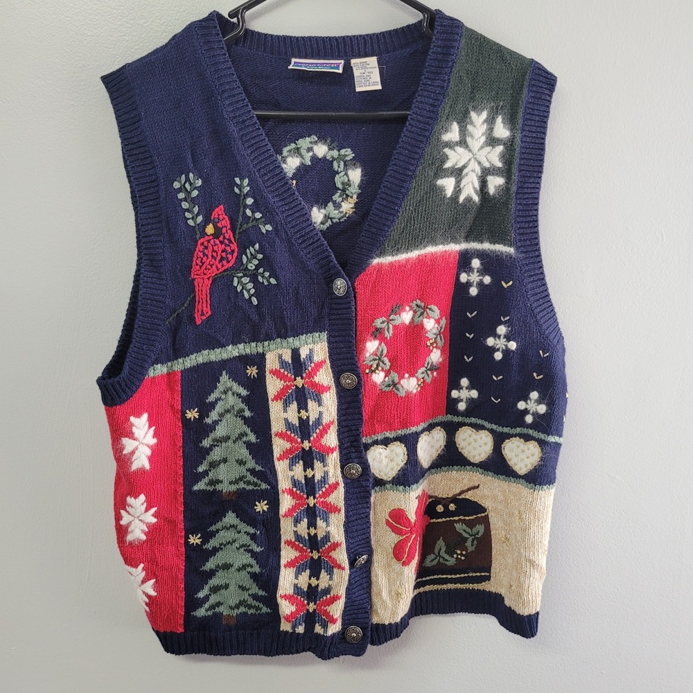 North Crest Christmas‎ Sweater Vest Navy Blue Cardinal Tree Embroidered Large